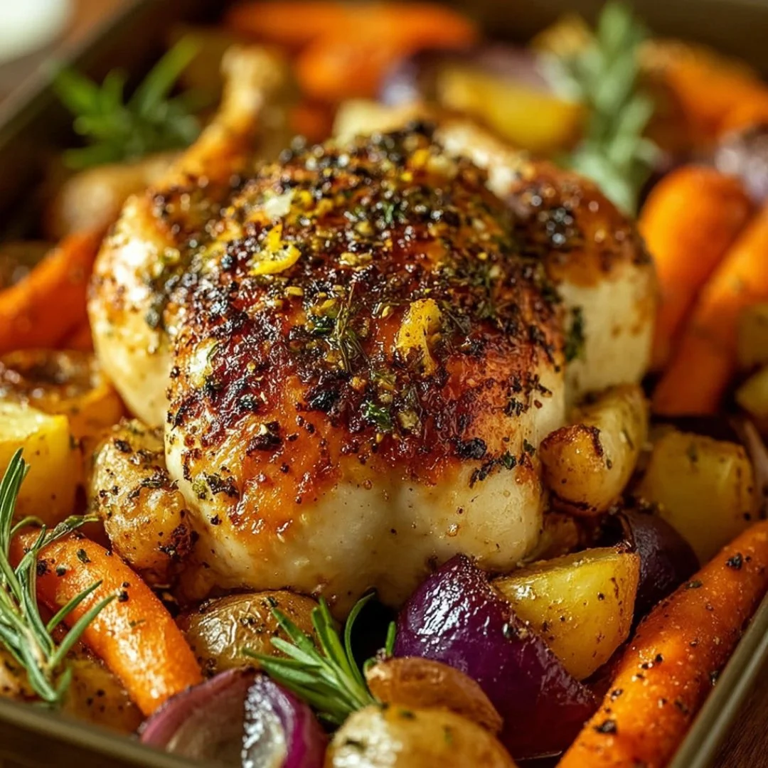 Plate of roasted garlic chicken with colorful vegetables