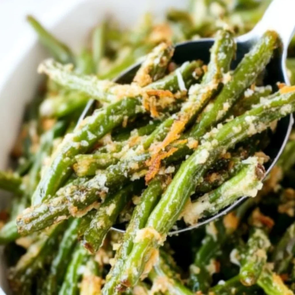 Roasted Parmesan Green Beans served on a plate with seasoning