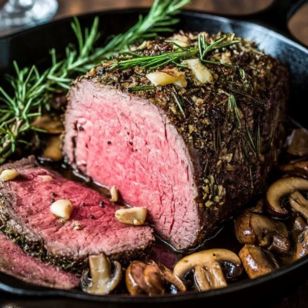 Rosemary and Garlic Roast Beef served with fresh herbs and garnishes