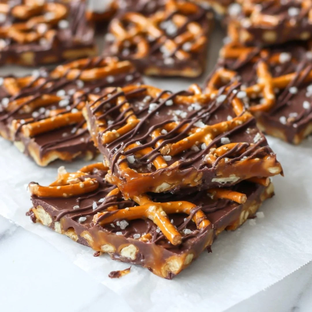 Delicious salted caramel pretzel bark with chocolate and pretzel pieces