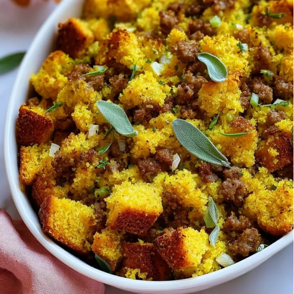 Sausage Southern Cornbread Stuffing served in a dish