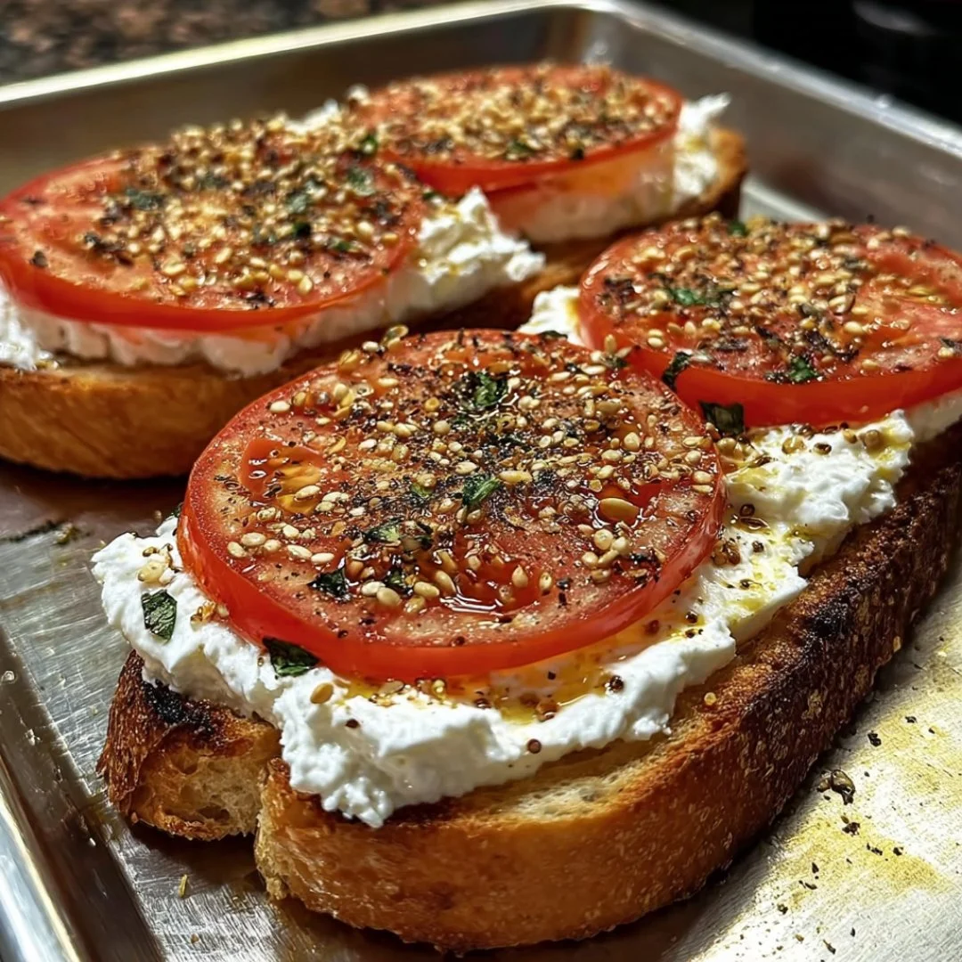 Savory Tomato Cottage Toast topped with fresh ingredients and creamy texture