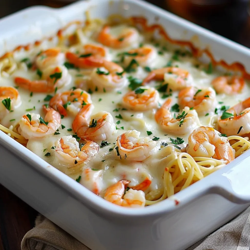Baked shrimp scampi pasta topped with cheese and herbs in a casserole dish.