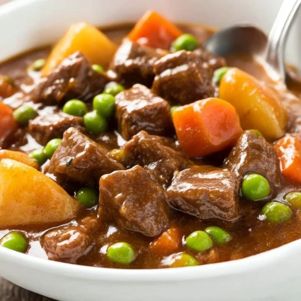 Delicious slow cooker beef stew with vegetables in a bowl