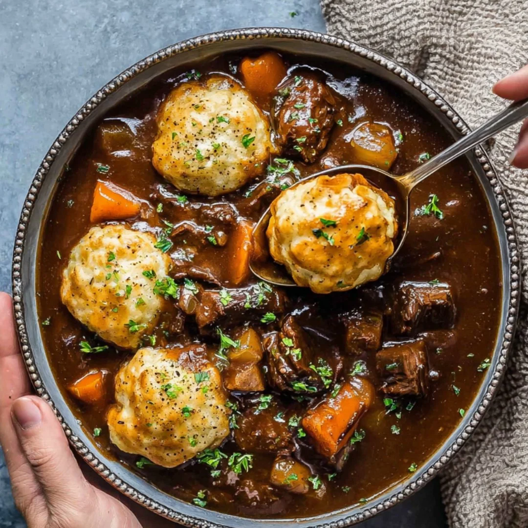 Delicious slow cooker beef stew with fluffy dumplings served in a bowl.