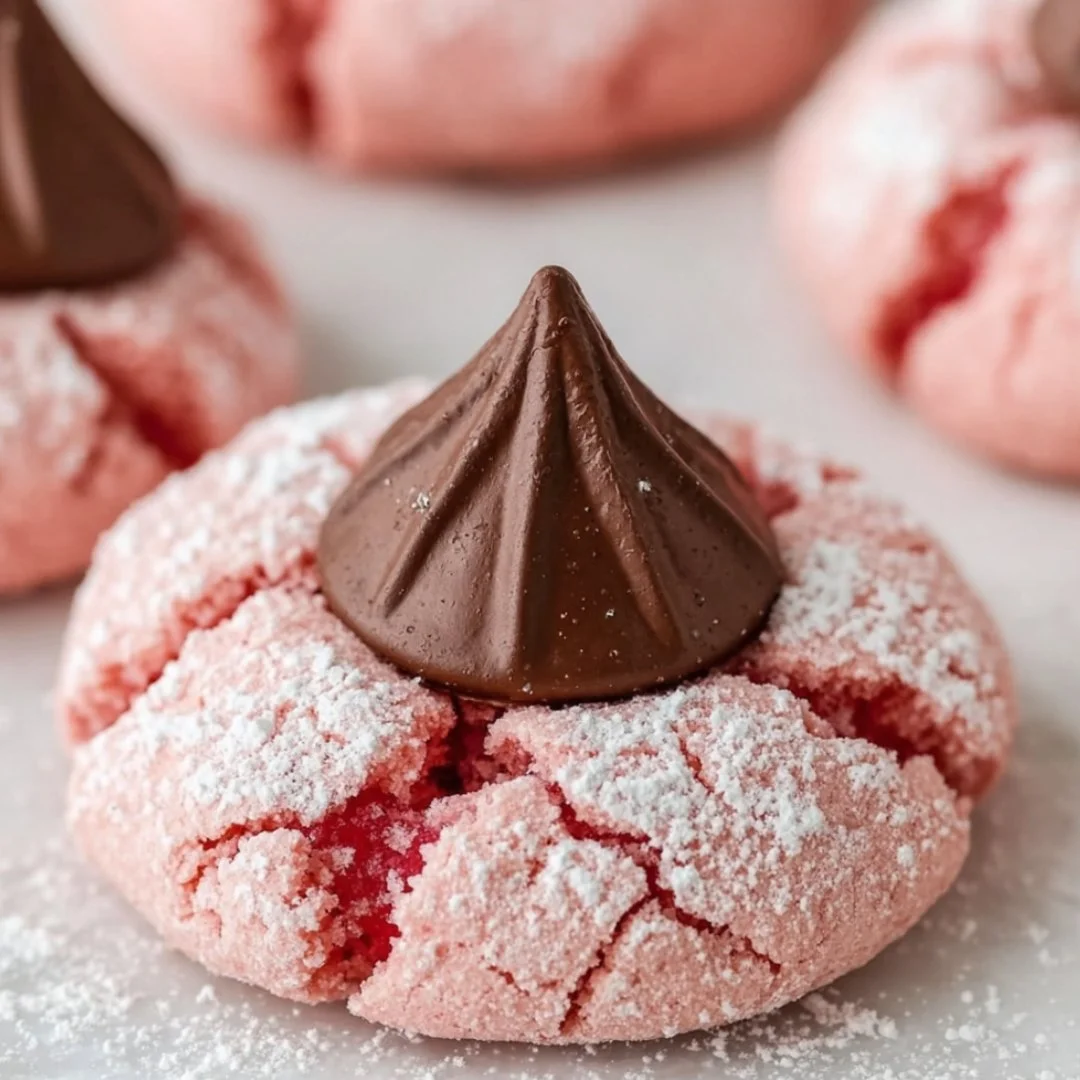 Freshly baked strawberry kiss cookies topped with chocolate.