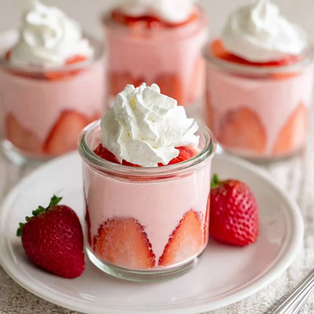 Delicious homemade strawberry mousse dessert in a glass