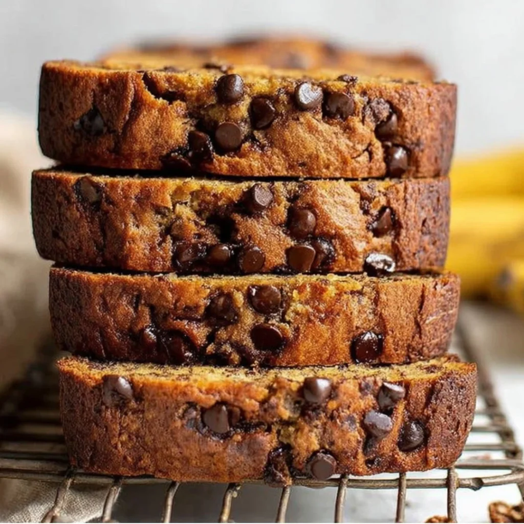 Deliciously moist chocolate chip banana bread with chocolate chips and ripe bananas