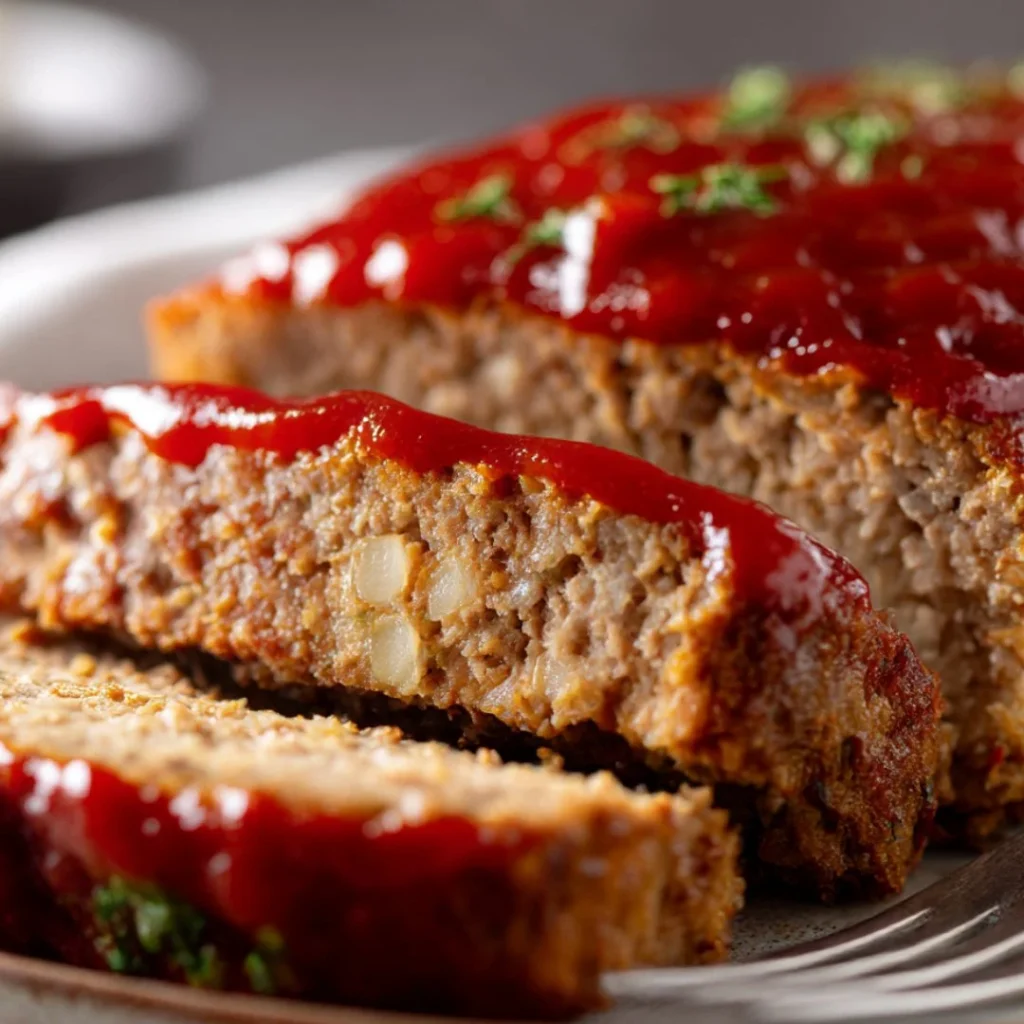 Delicious homemade meatloaf served on a plate with fresh parsley.