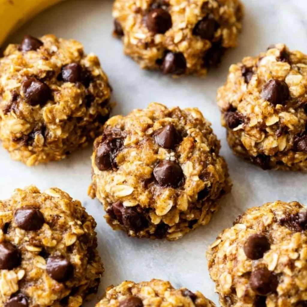 Delicious banana oatmeal cookies on a wooden plate, perfect for healthy desserts.