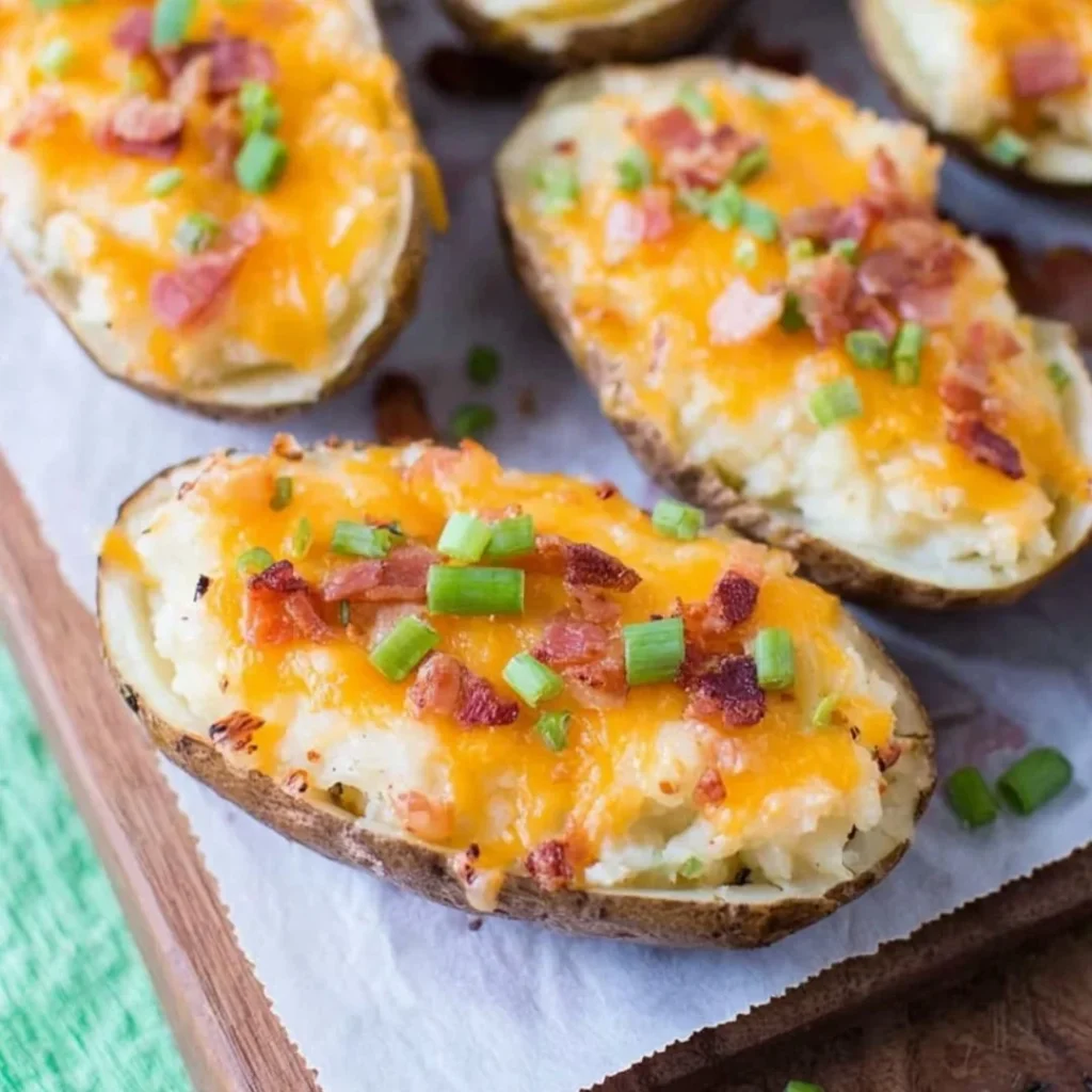 Delicious Twice Baked Potatoes topped with cheese and herbs.