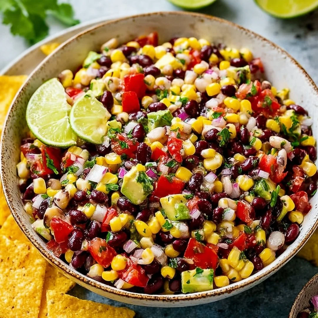 Bowl of Ultimate Cowboy Caviar Dip with colorful vegetables and toppings