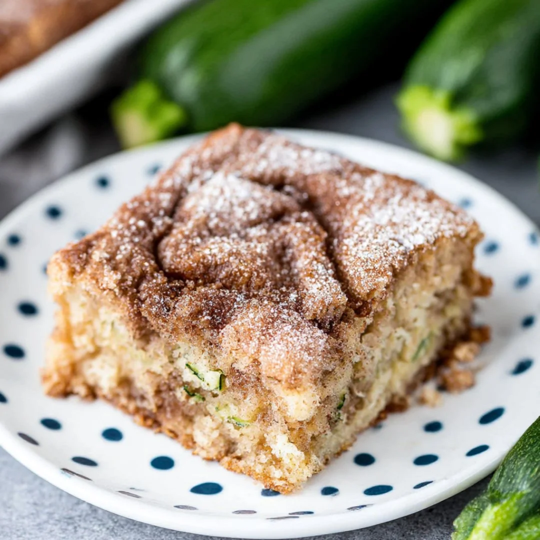 Delicious zucchini coffee cake slice on a plate with coffee