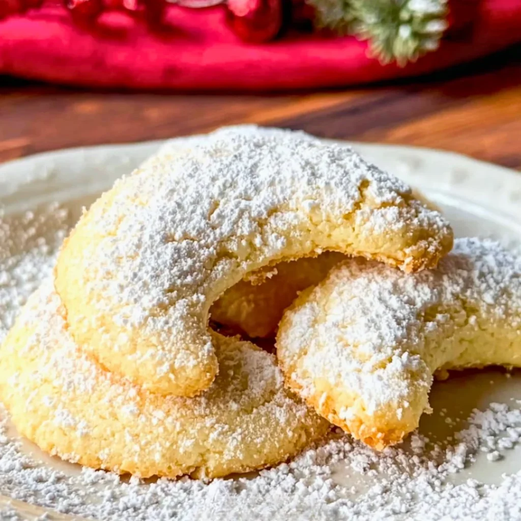 A plate of delicious almond crescent cookies dusted with powdered sugar.