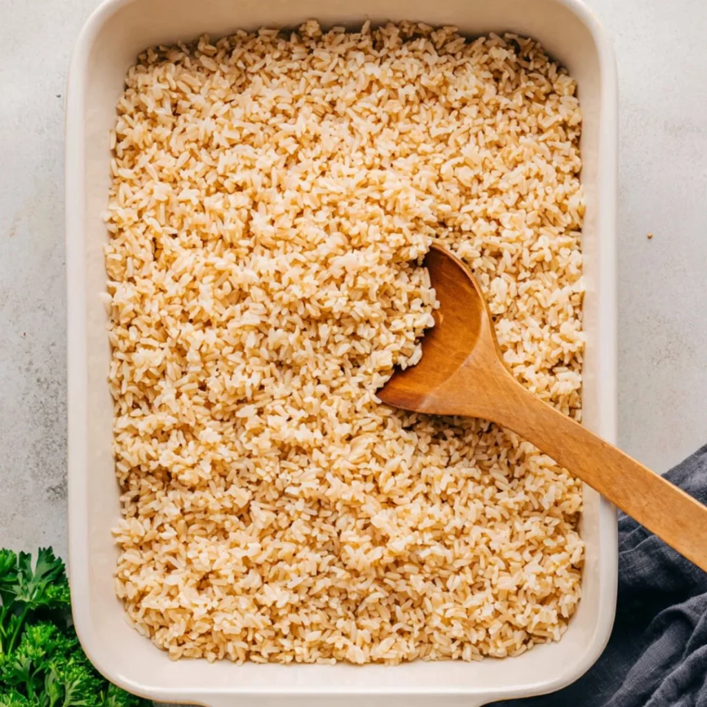 Delicious baked brown rice served in a bowl, perfect for healthy meals