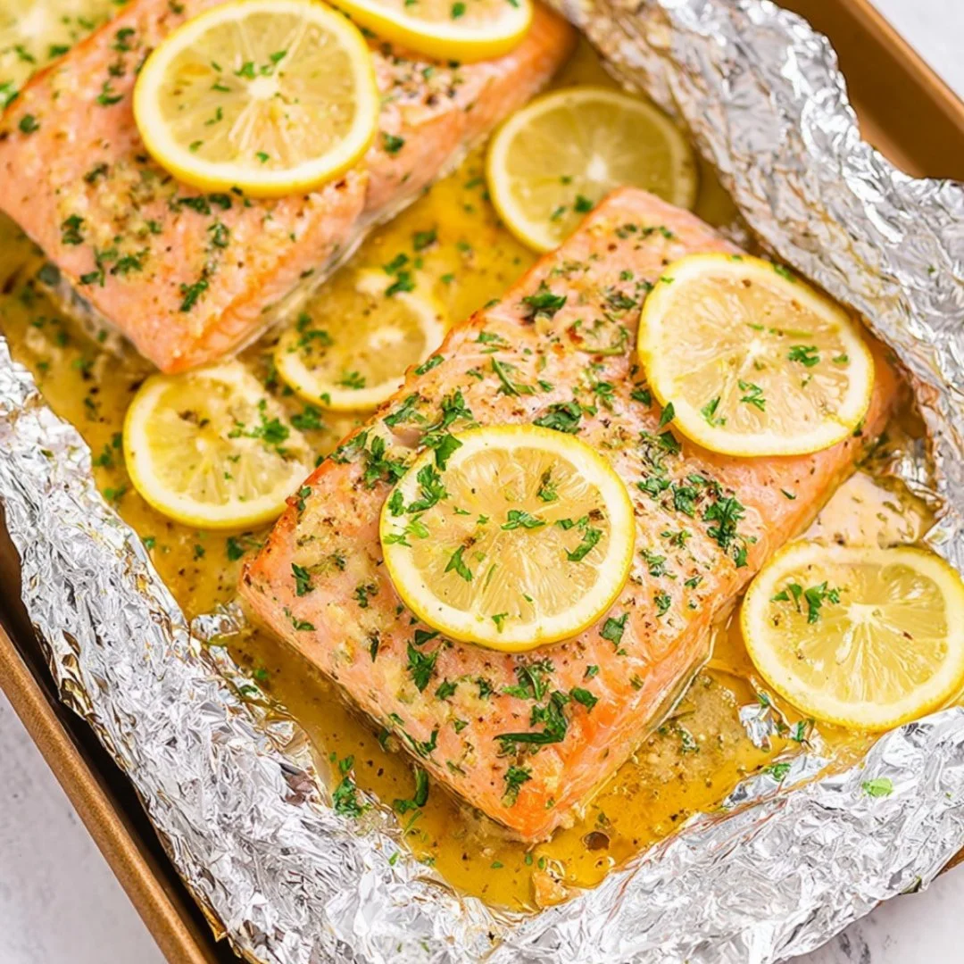 Delicious baked salmon in foil with herbs and lemon on a serving plate.