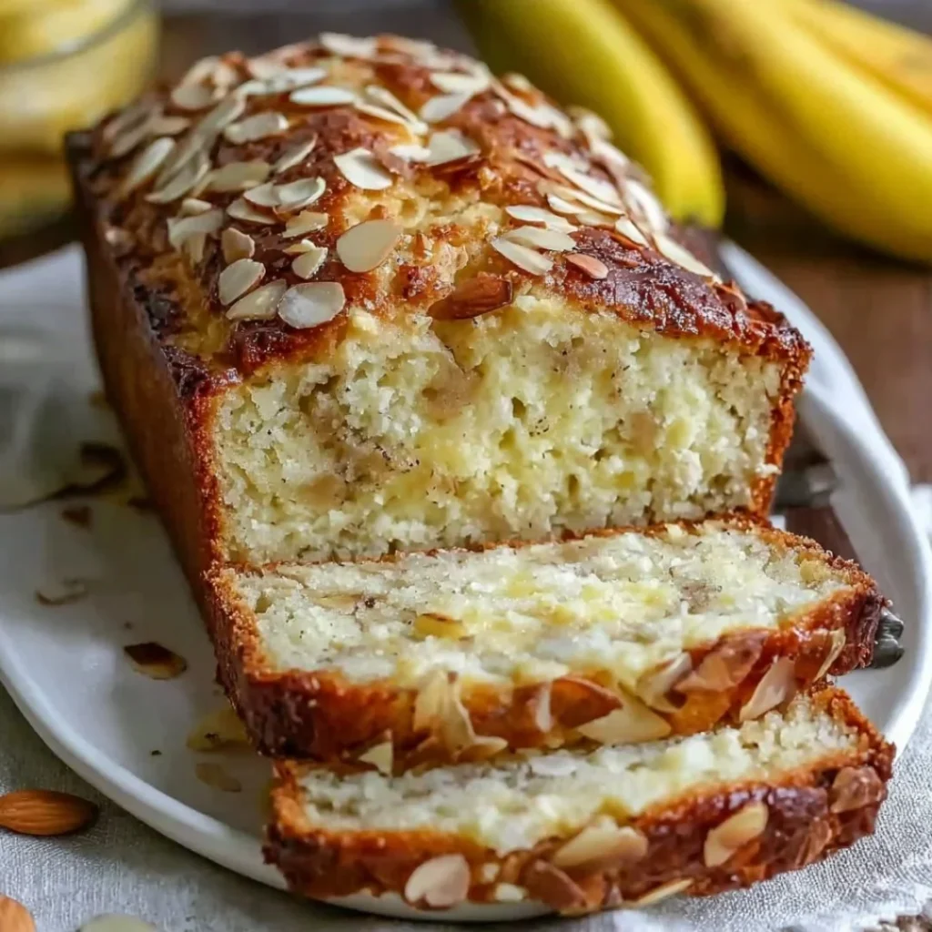 Delicious banana bread topped with ricotta cheese, showcasing a slice and ingredients.