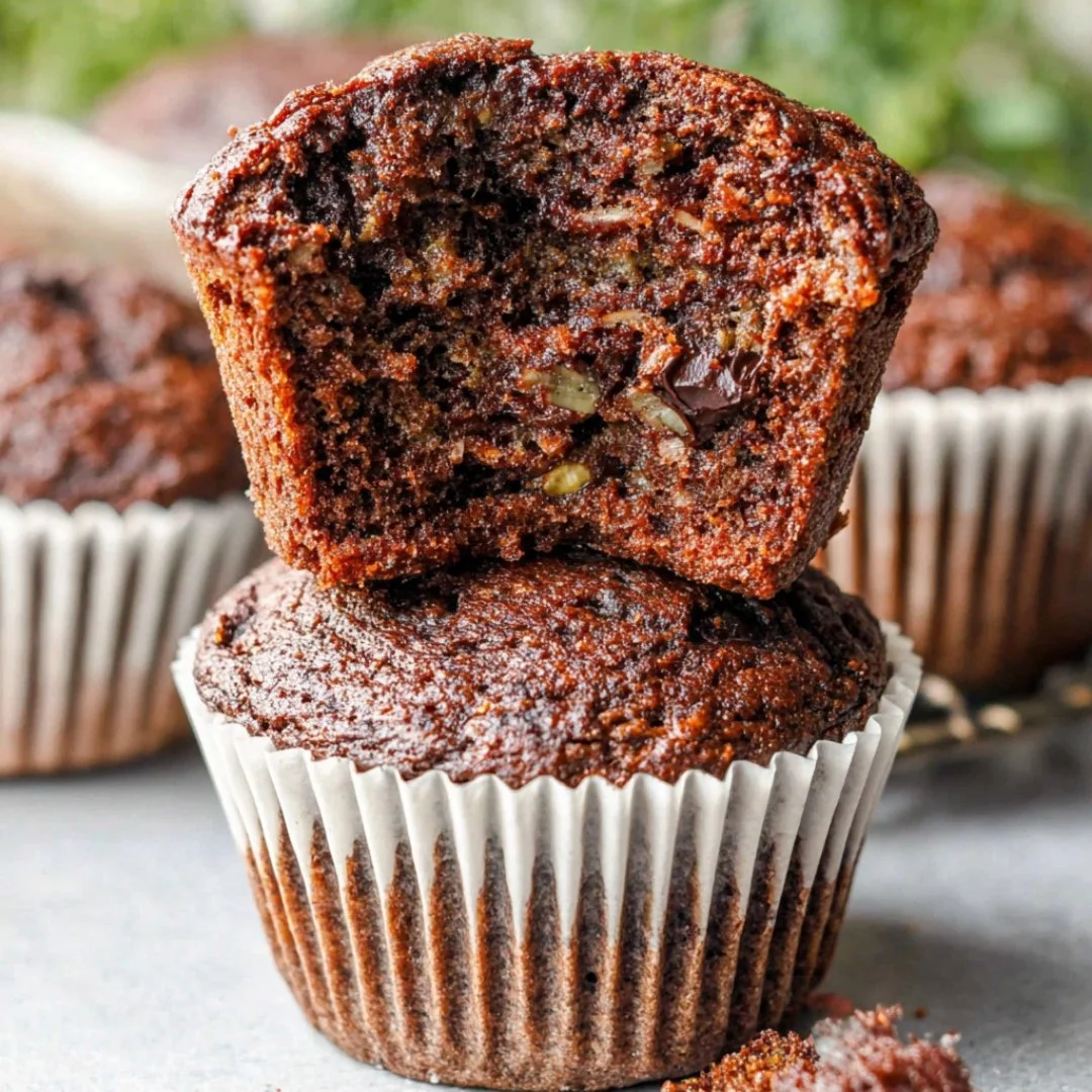 Delicious banana chocolate muffins on a rustic wooden table