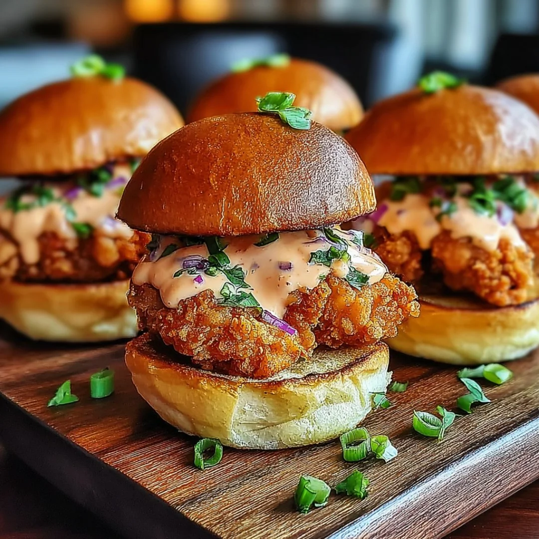 Bang Bang Chicken Sliders garnished and ready to serve