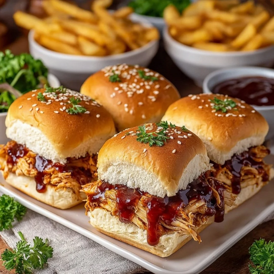 A plate of tasty BBQ chicken sliders garnished with fresh herbs