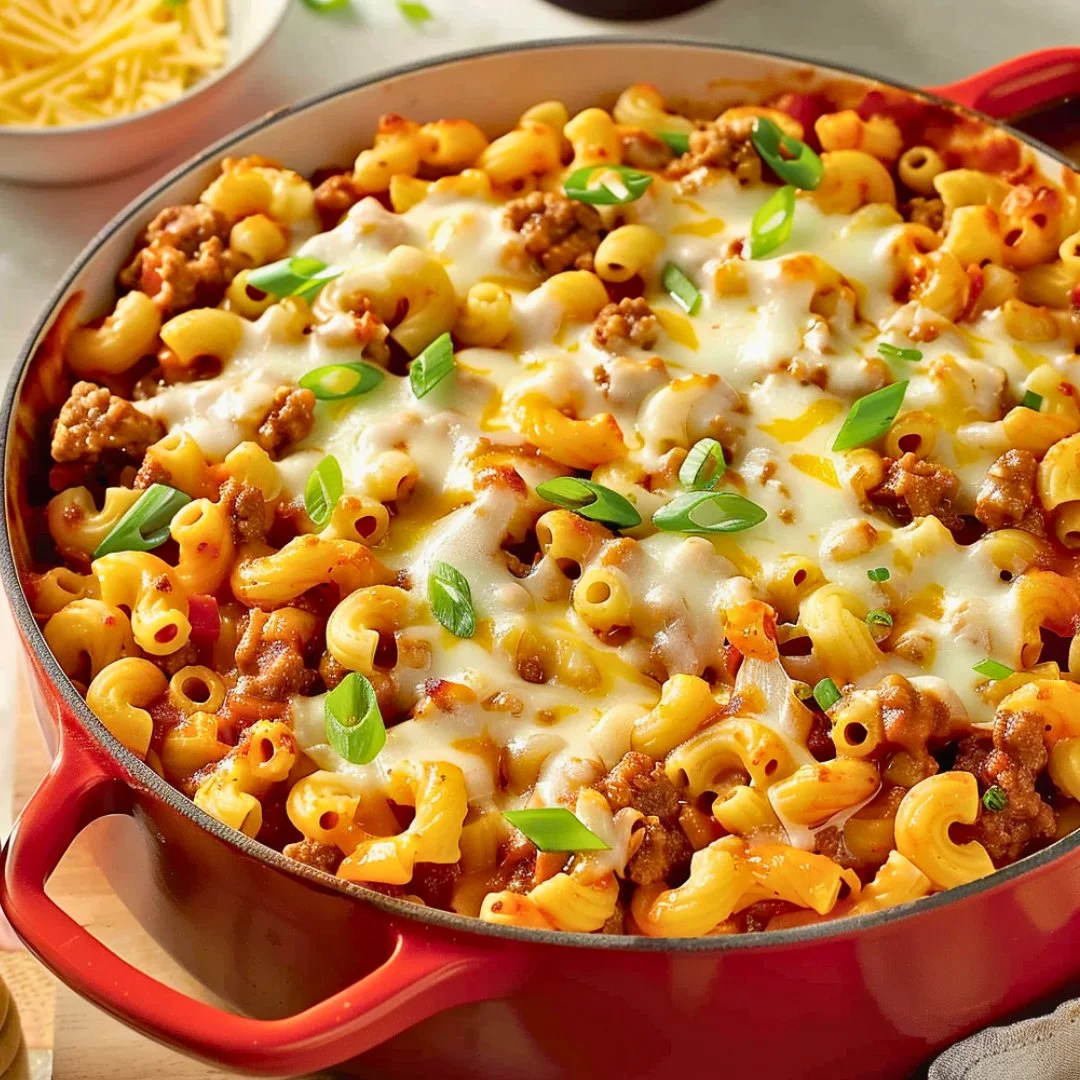 Delicious hamburger helper casserole served in a colorful dish
