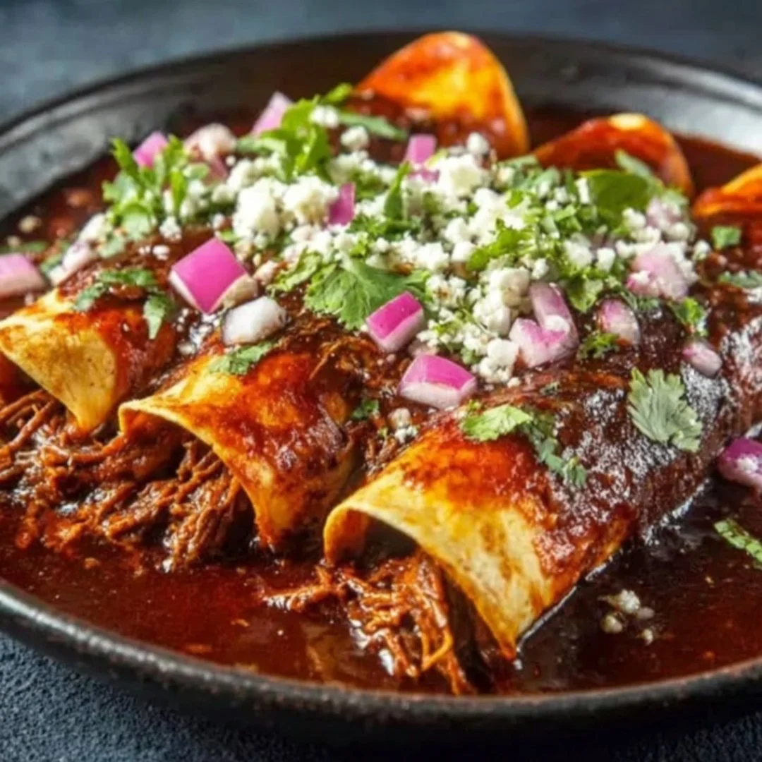 Delicious Birria Enchiladas topped with fresh herbs and cheese, ready to serve.