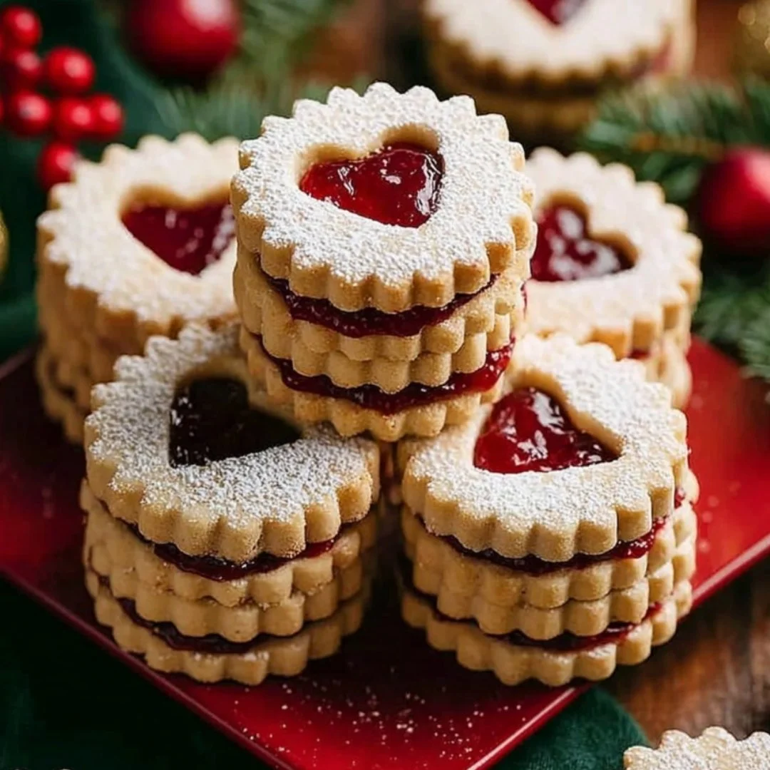 Buttery cranberry orange Linzer cookies with a festive design.