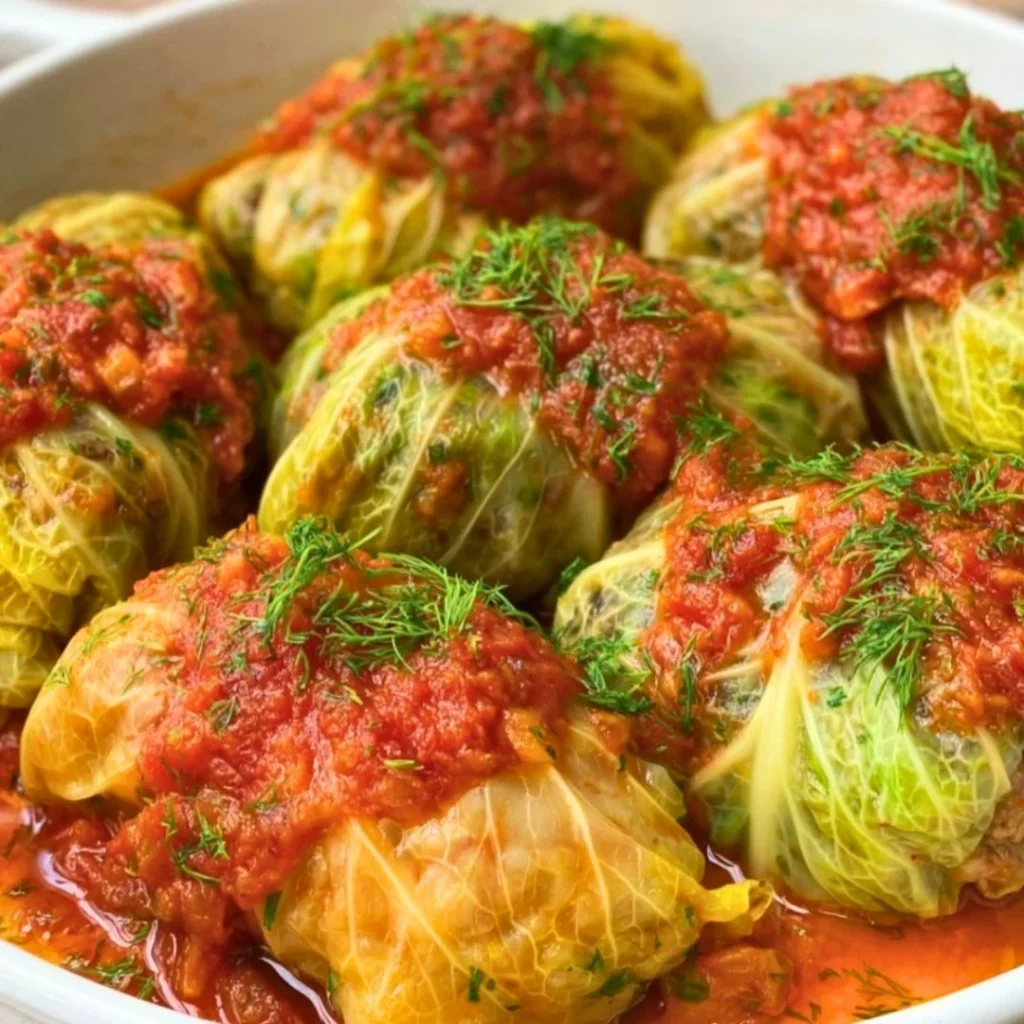 Cabbage rolls filled with seasoned ground beef and served on a plate
