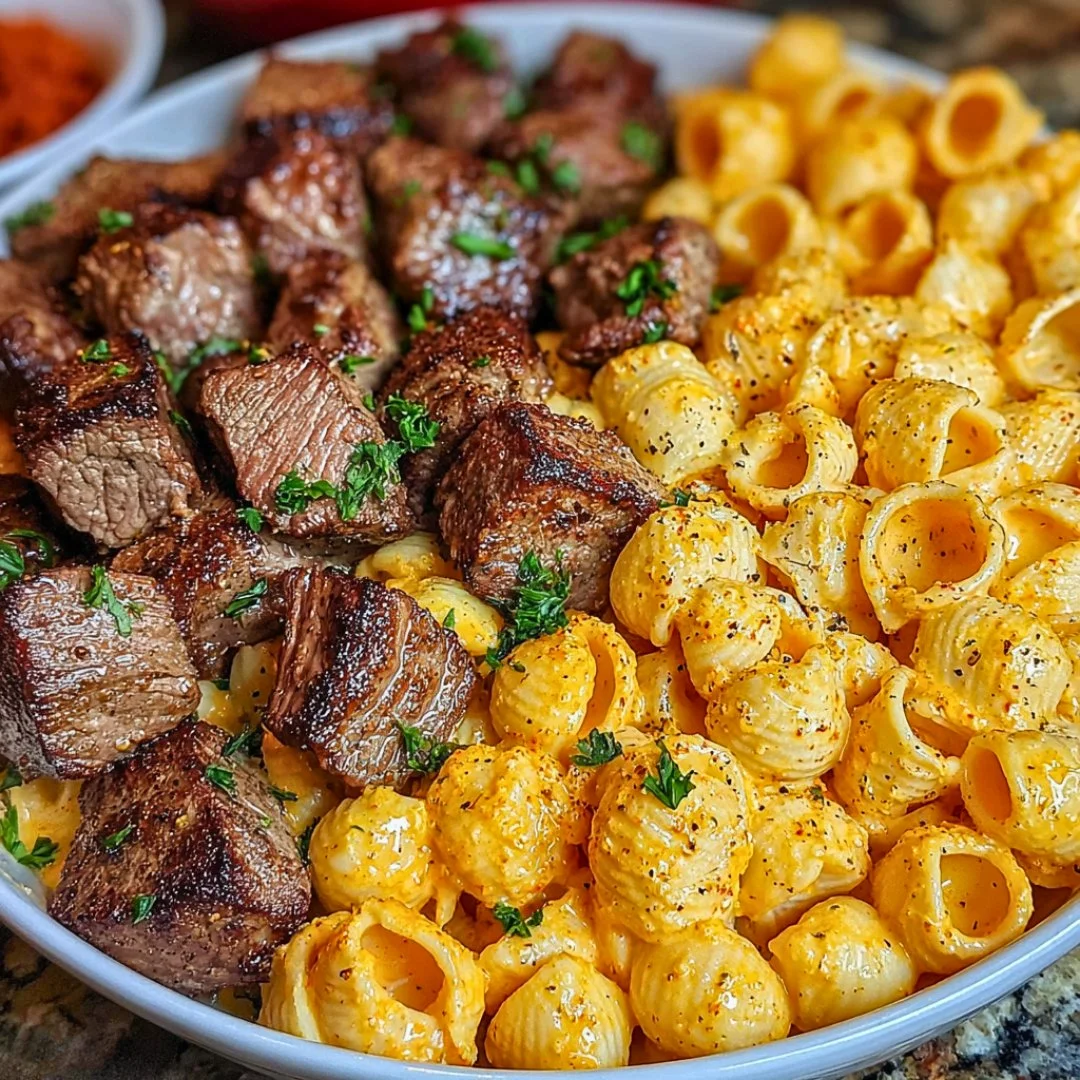 Cajun Steak Bites and Cheesy Garlic Shells Skillet in a cast iron pan