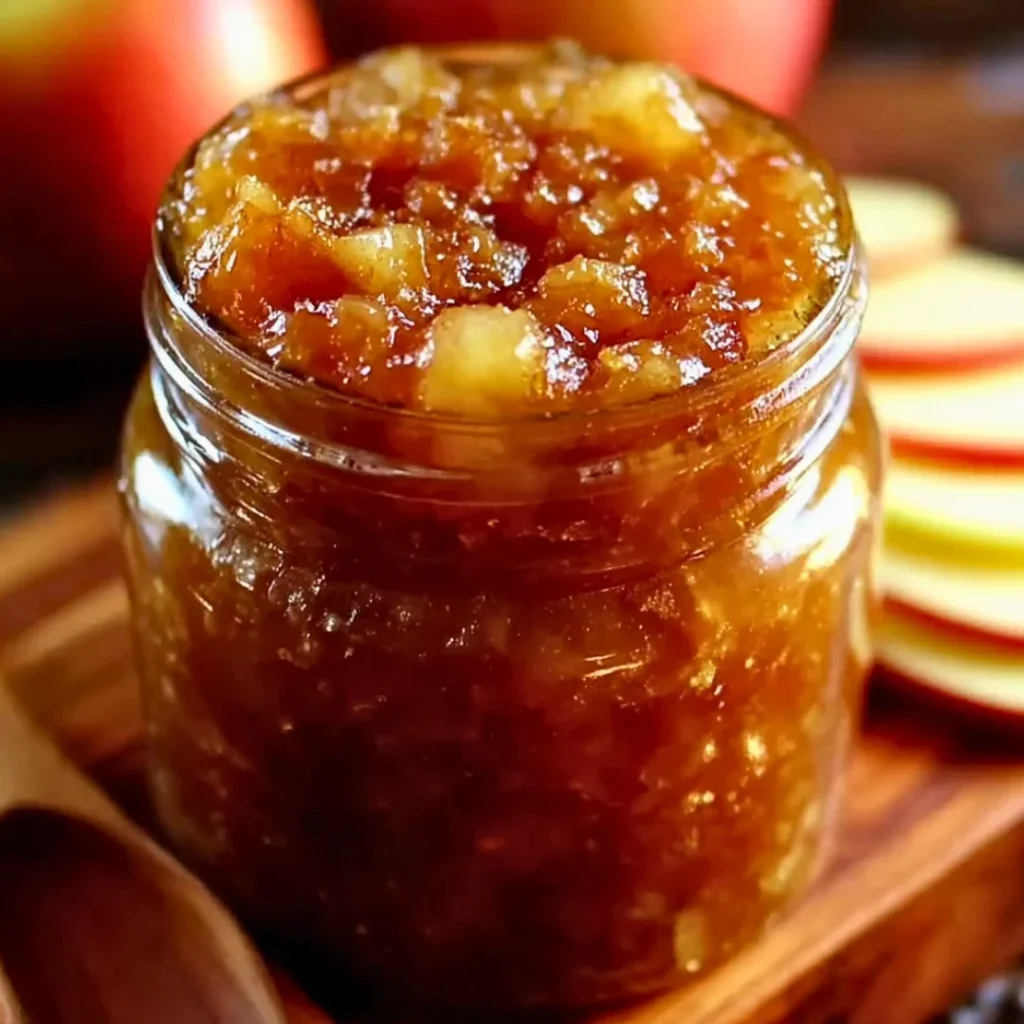Homemade Caramel Apple Jam in a jar with apples and caramel drizzle