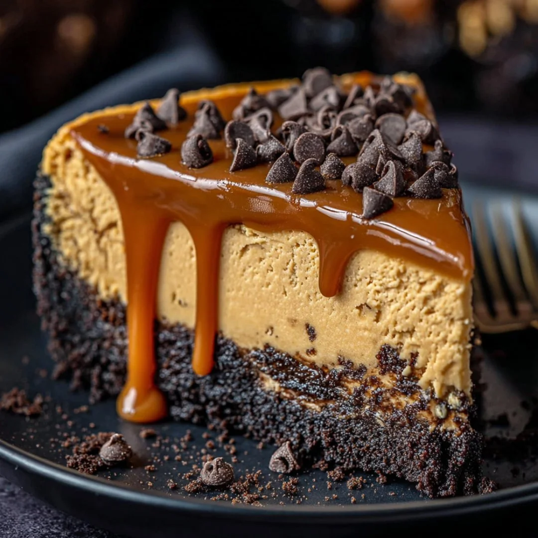 Delicious Caramel Chocolate Coffee Cheesecake topped with caramel drizzle