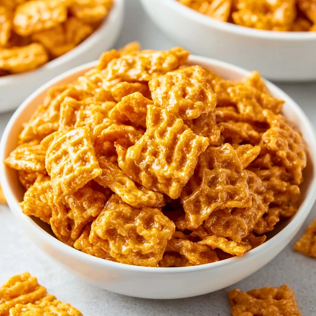 Bowl of homemade Caramel Crispix snack with a crisp and sweet appearance.