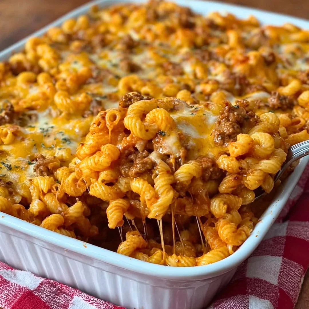 Cheeseburger pasta casserole served in a baking dish with melted cheese on top.