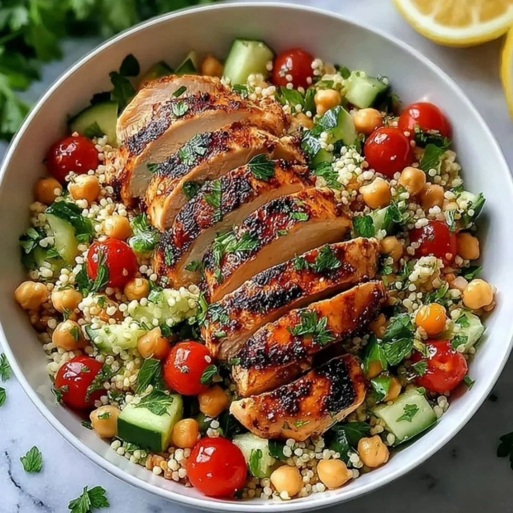 Delicious Chicken and Couscous Salad with fresh ingredients and vibrant colors.