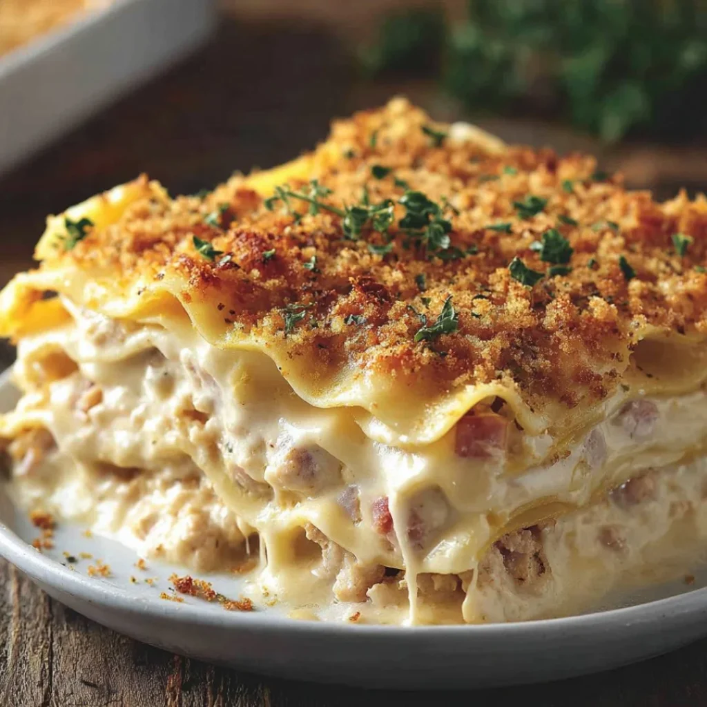 Delicious Chicken Cordon Bleu Lasagna with layers of chicken, ham, and cheese