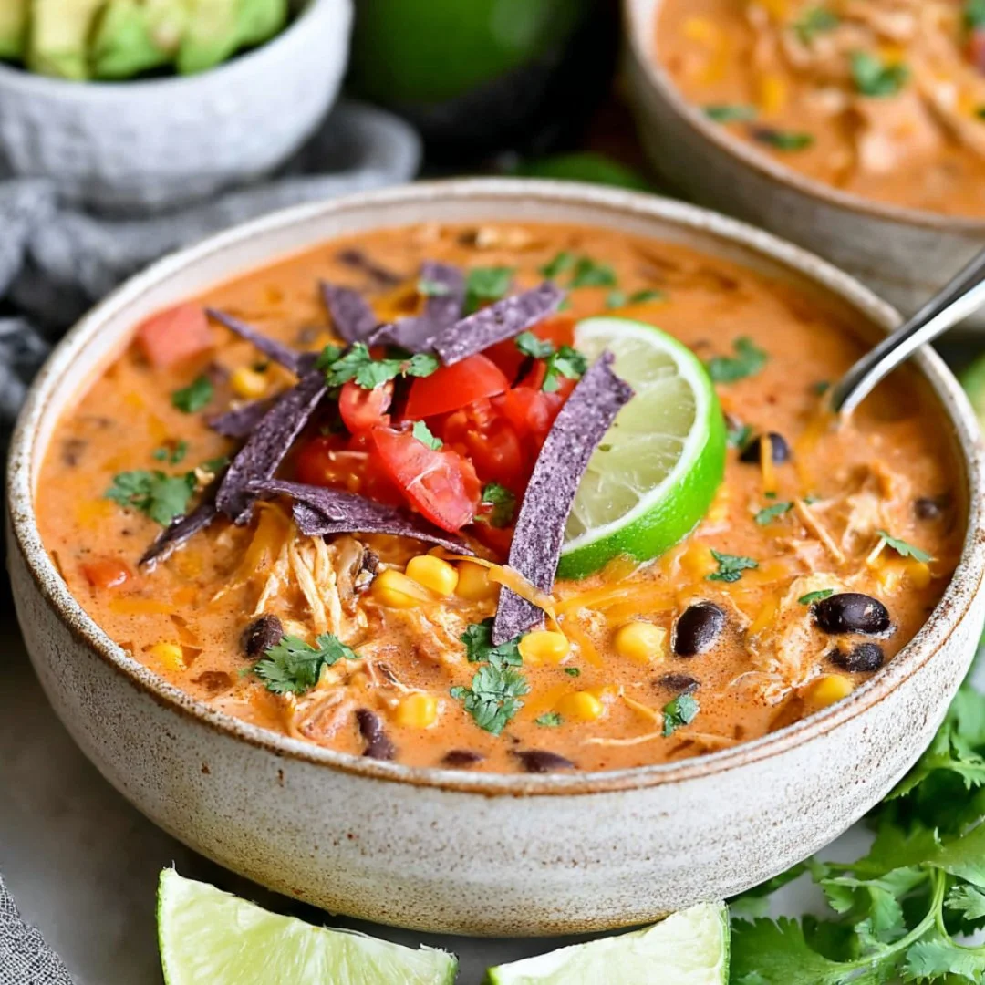Bowl of chicken enchilada soup topped with cheese and cilantro