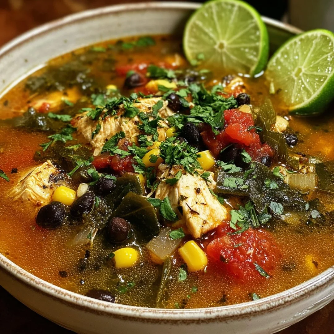 Delicious Chicken Poblano Soup served in a bowl garnished with cilantro.