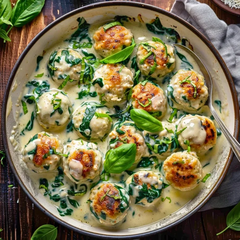 Chicken Ricotta Meatballs served with Spinach Alfredo Sauce on a plate