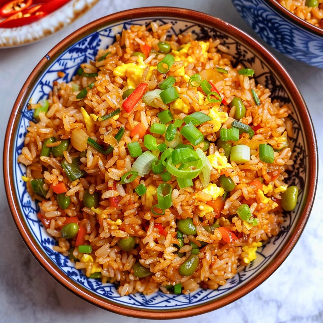 Plate of flavorful Chili Garlic Fried Rice with colorful vegetables and garnishes