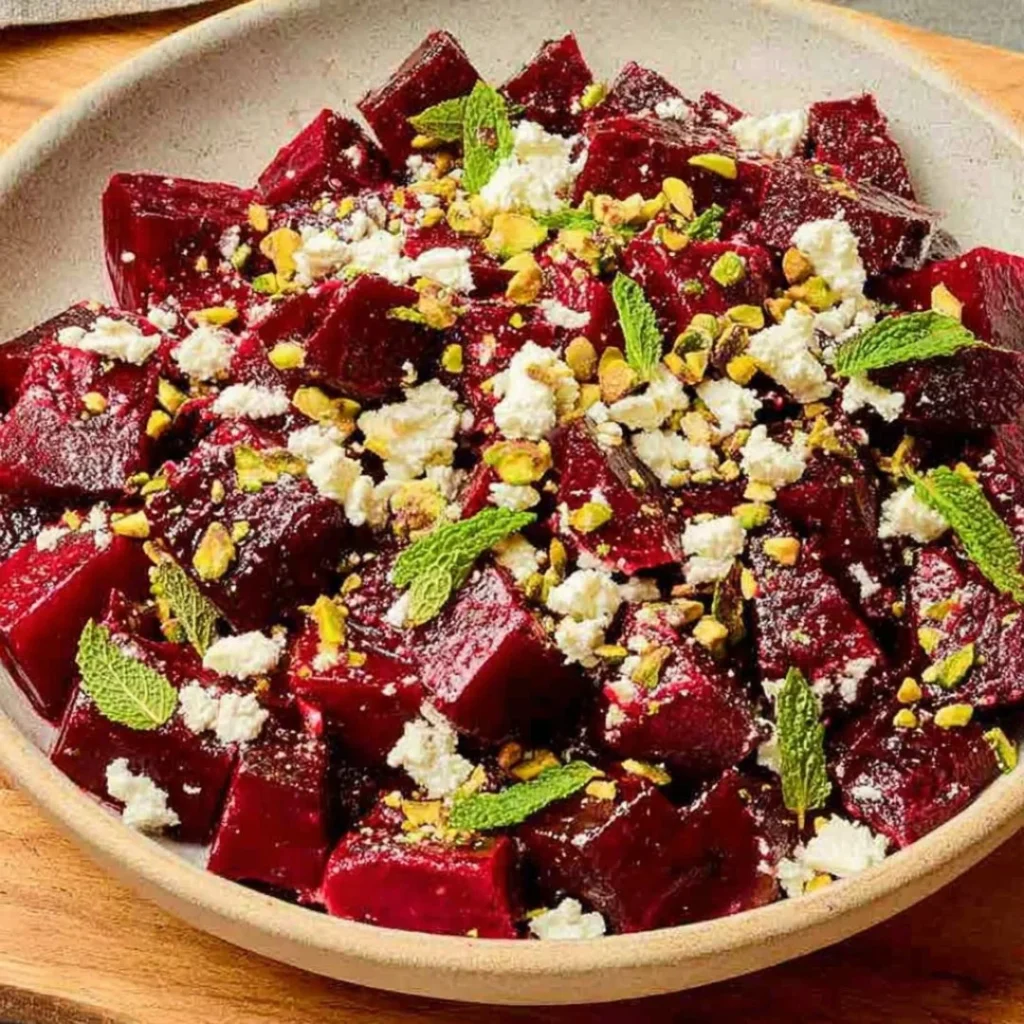 Chopped beet salad with colorful vegetables and a light dressing