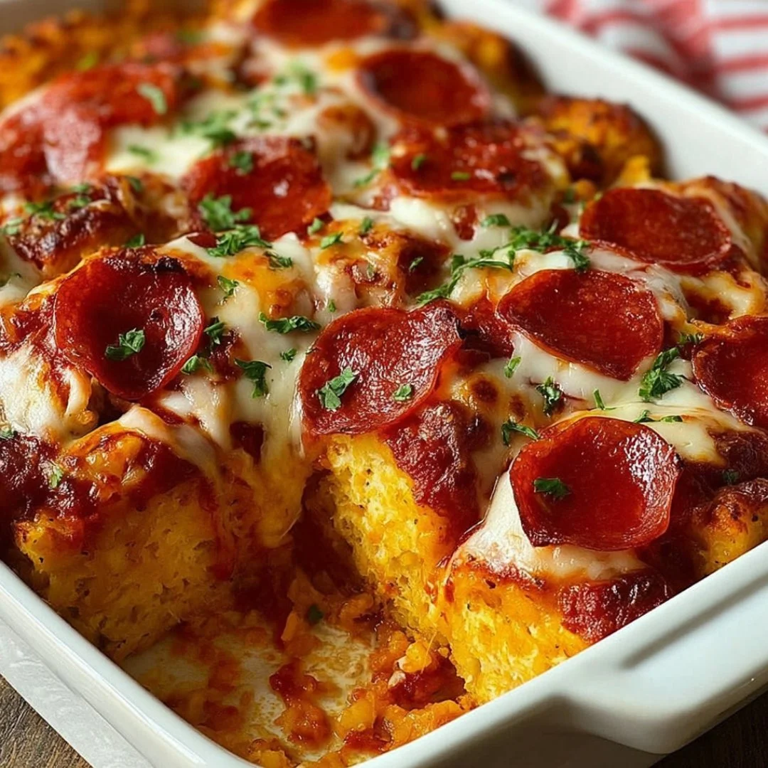 Chopped Biscuit Pizza Casserole fresh out of the oven, garnished and ready to serve.