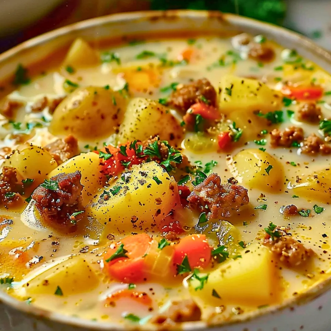 Bowl of chunky ground beef and potato soup garnished with fresh herbs