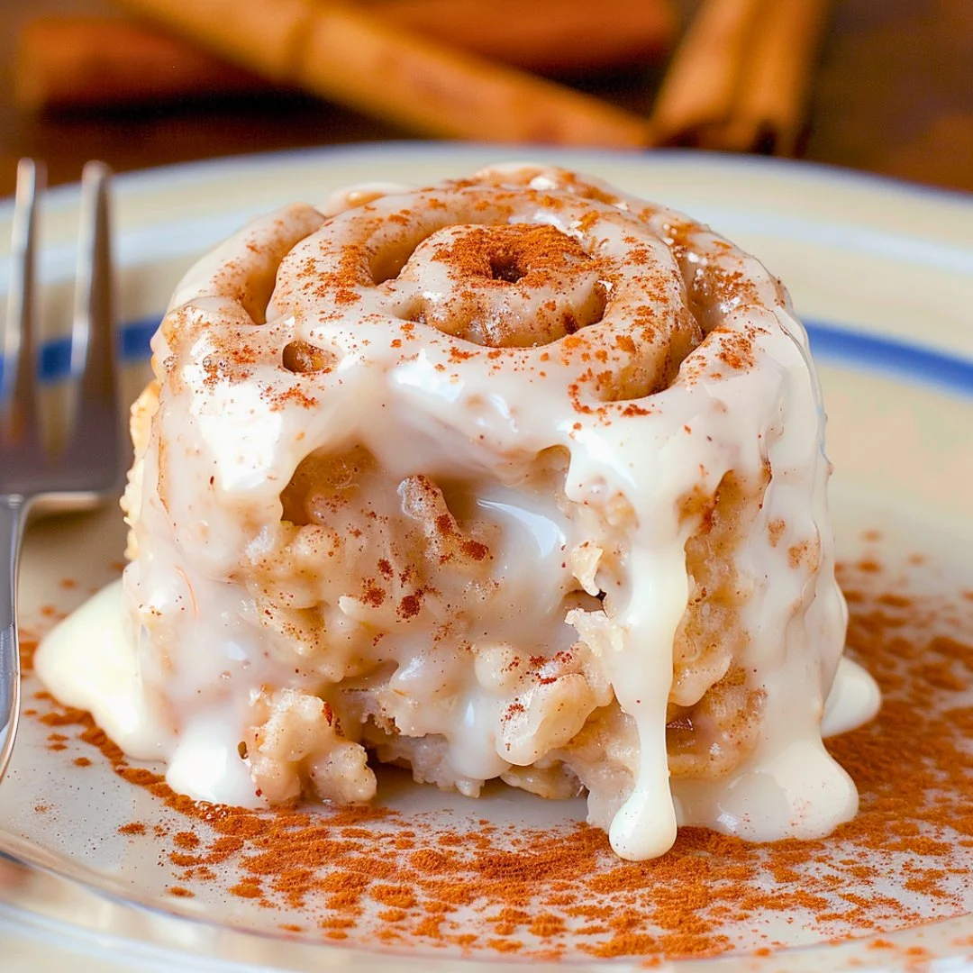 Bowl of cinnamon roll baked oats topped with icing and cinnamon for a cozy breakfast