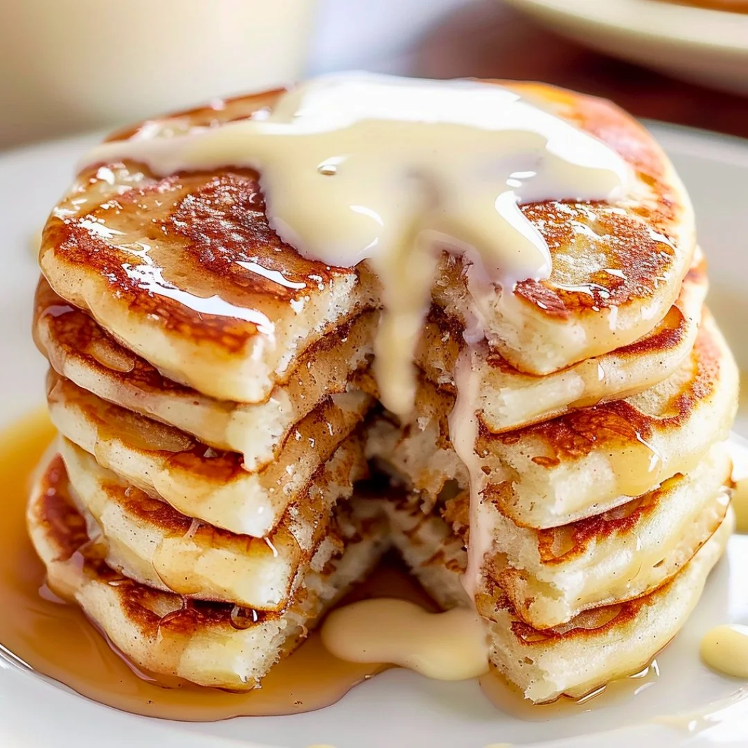 Fluffy cinnamon roll pancakes topped with icing and sprinkled cinnamon.