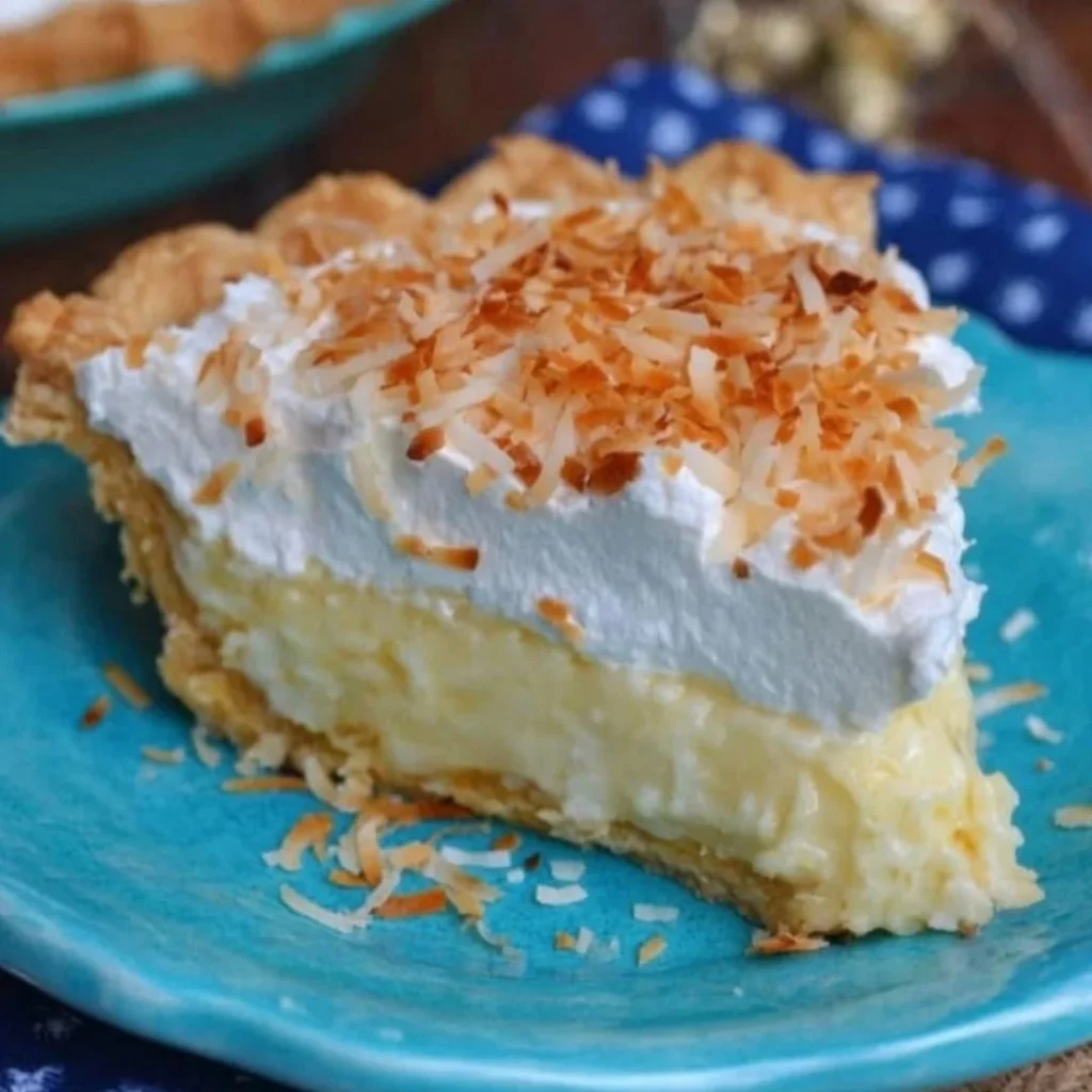 Delicious slice of coconut cream pie with whipped cream topping and coconut flakes