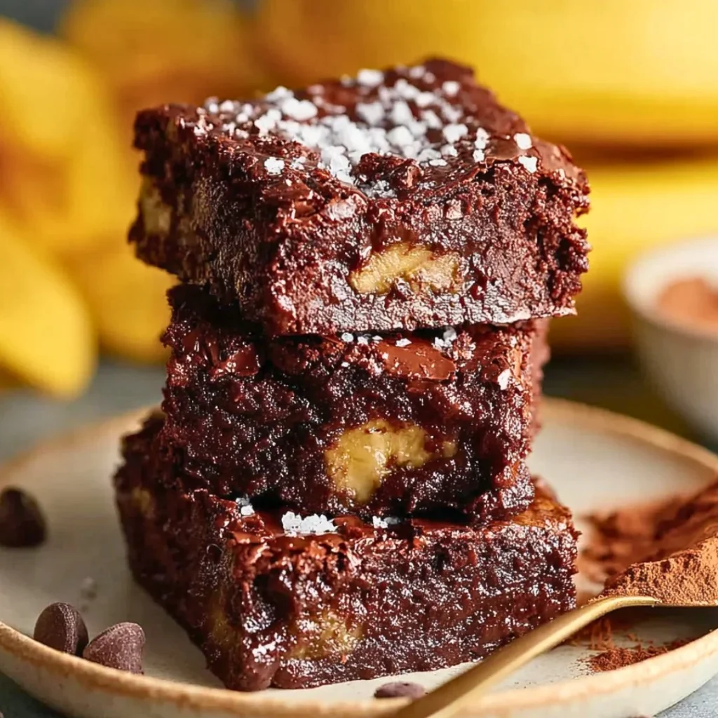 Cottage cheese brownies topped with banana slices on a plate