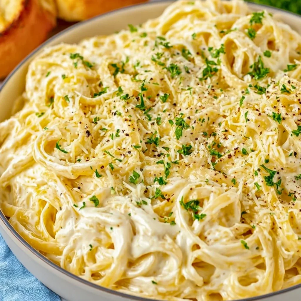 Cream cheese pasta dish garnished with herbs and served in a bowl.