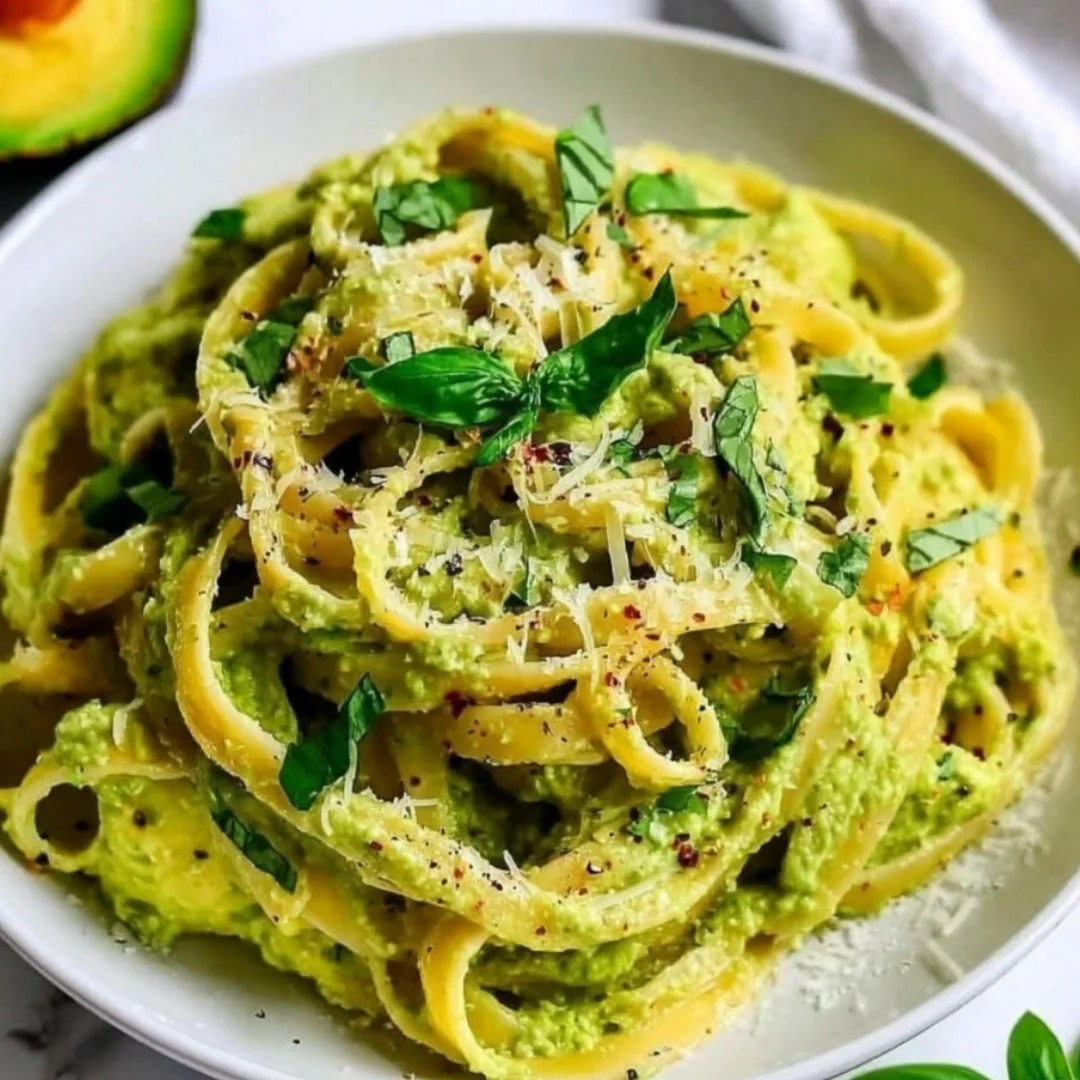 Creamy avocado pasta with fresh ingredients in a bowl