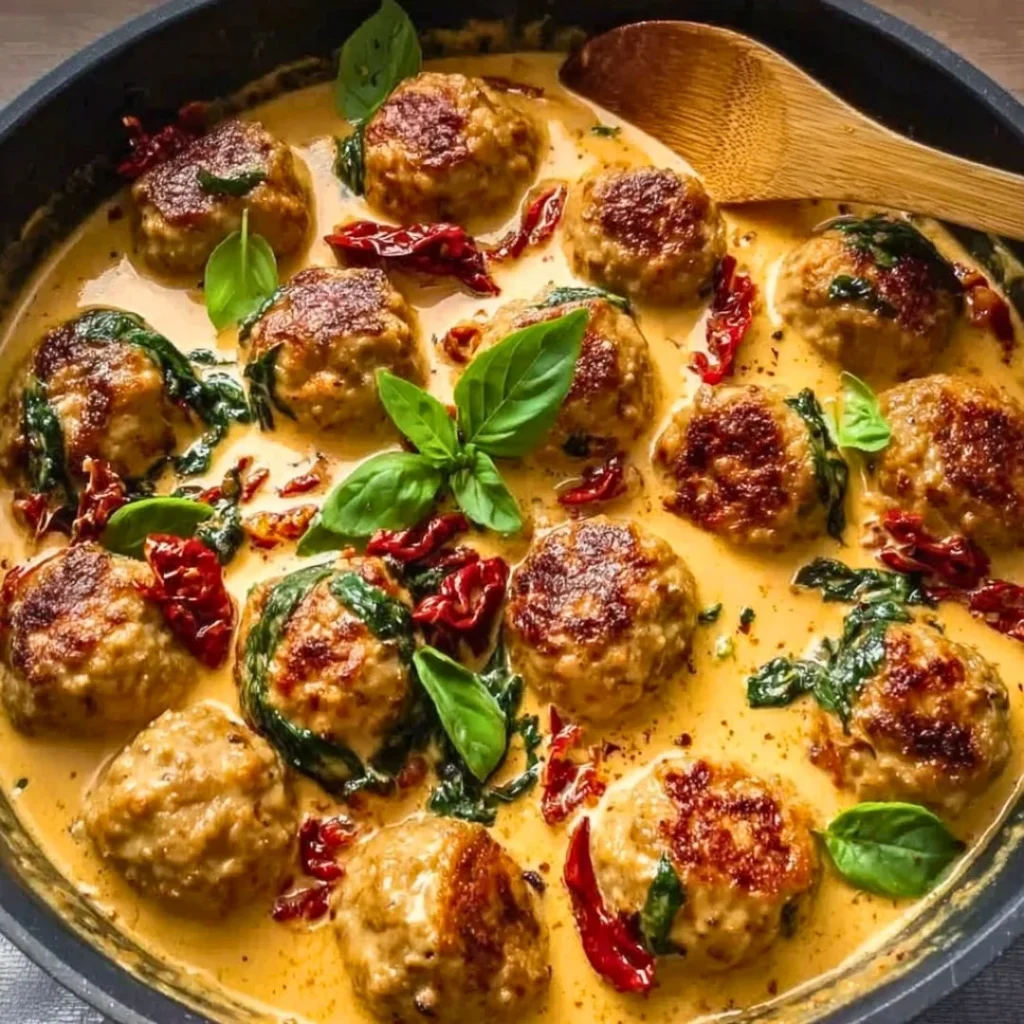 Creamy Marry Me Chicken Meatballs served in a bowl with herbs