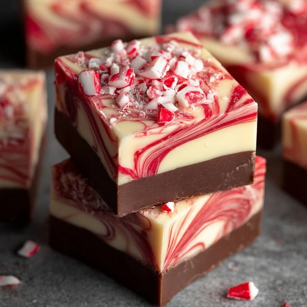 Creamy peppermint swirl fudge with festive holiday decorations